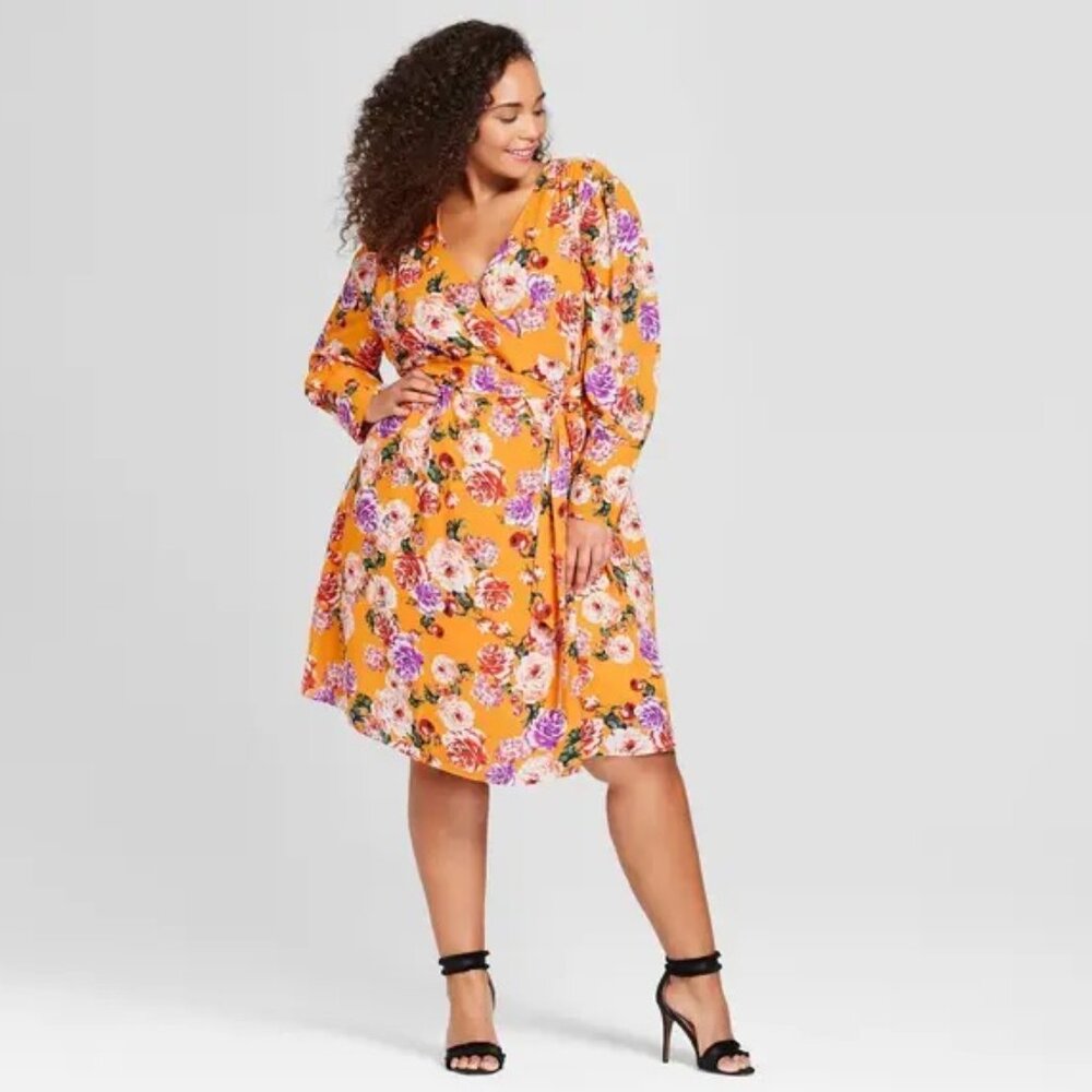 Who What Wear Yellow Floral Faux Wrap Dress with Tie Belt Size XL